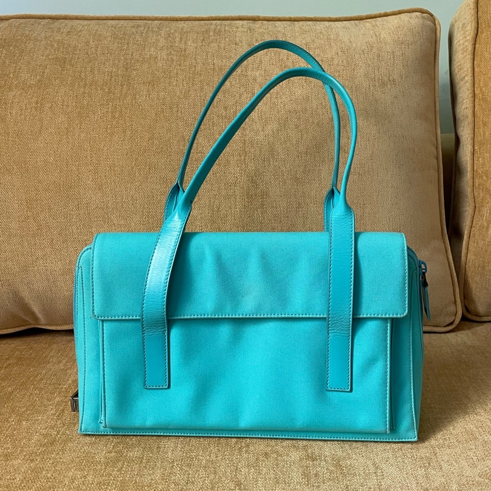 Gucci Turquoise Blue Fabric Handbag with Leather Straps and Gunmetal Hardware